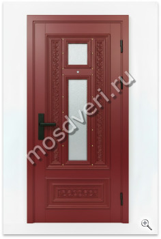 Красная входная дверь в дом с классическими элементами и матовым остеклением - купить от производителя Мосдвери Красная входная дверь в дом с классическими элементами и матовым остеклением